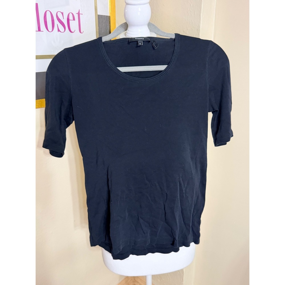 Theory Black Scoop Neck Elbow Sleeve Pima Cotton Blend Tee Shirt Womens Medium